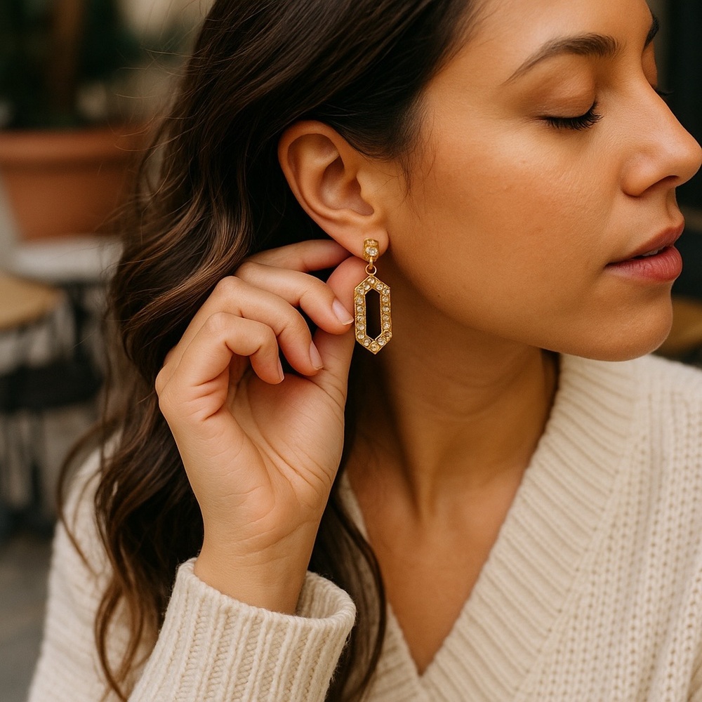 80s Sexy Rhinestone and Gold-toned Geometric pierced earrings​
